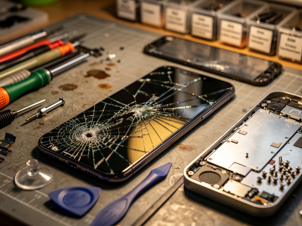 Smartphone écran fissuré avant réparation